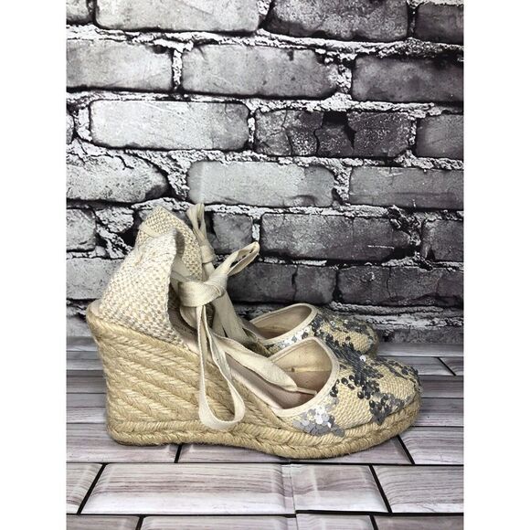 Saks Fifth Ave Ivory Fabric Sequin Ankle Lace Wedge Espadrilles Sandals Women 6M - Picture 1 of 16